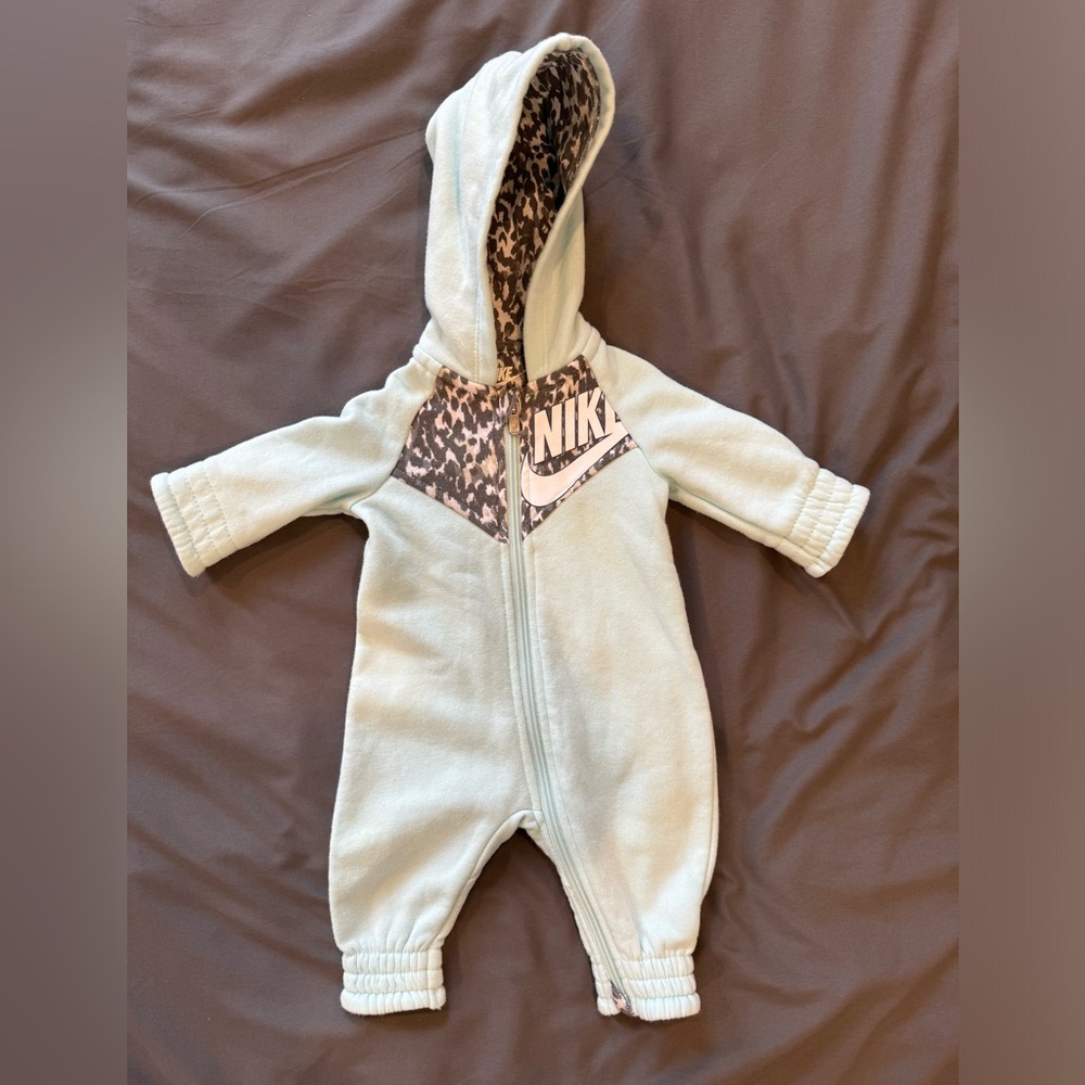 Nike Winter Coveralls- light blue with leopard print size 3 months